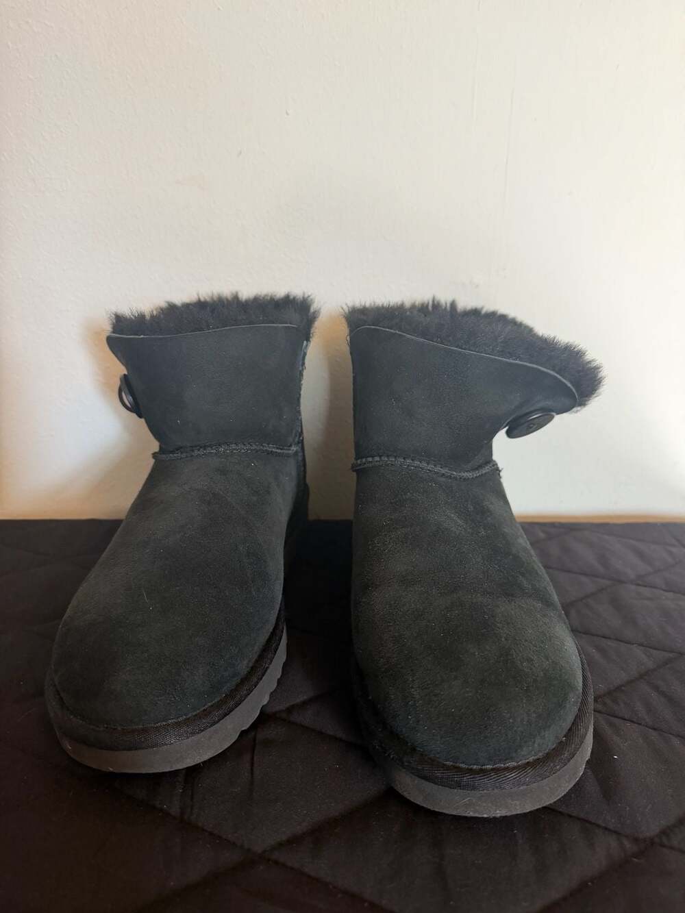 UGG Women's Mini Bailey Button II Black Suede Shearling Ankle Boots